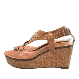 Lucky Brand Womens 7.5 Narnie Thong Sandals Cork Wedge Heel Brown Silver Accents